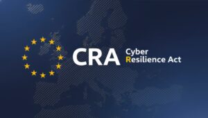 파란색 배경의 유럽 지도와 EU 별 문양, 사이버 복원력법(CRA) 문구.