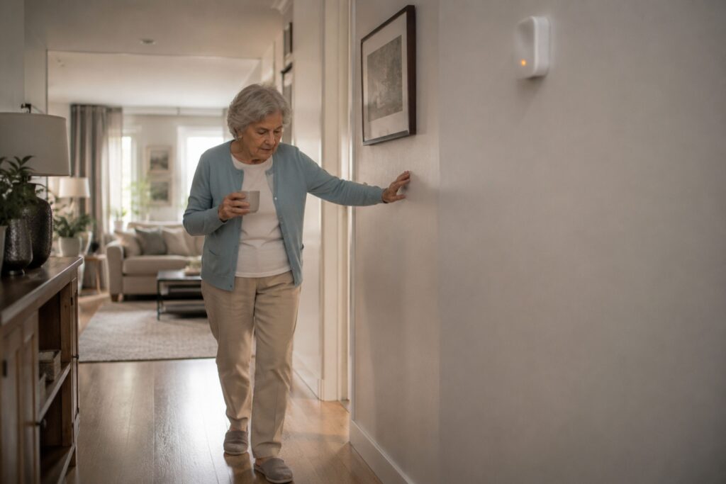 An older woman steadies herself against a wall while walking through her home.